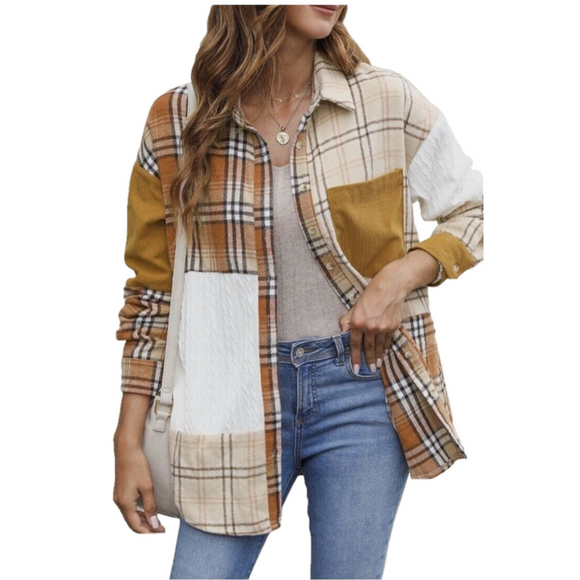 Women’s Flannel Long Sleeve Plaid Color Block Patchwork Shirt Jacket with Pocket - Picture 1 of 8